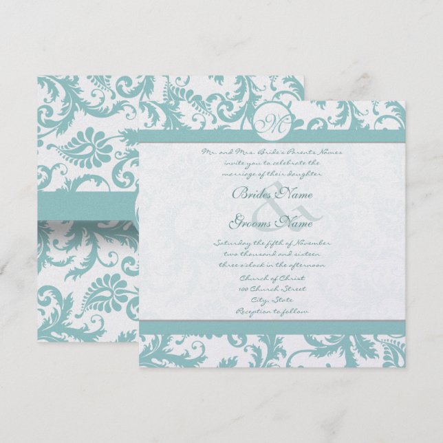 Invitación a la boda Aqua Blue Damask Swirls (Anverso / Reverso)