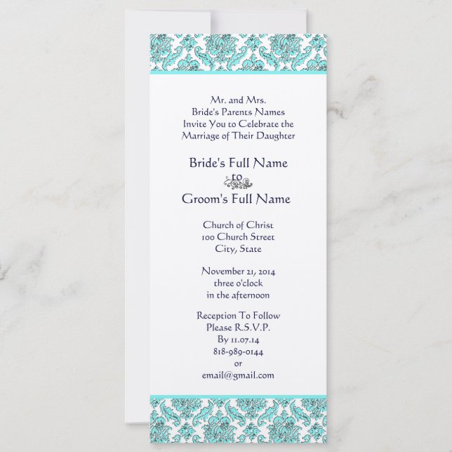 Invitación a la boda Aqua Blue Damask Swirls (Anverso)
