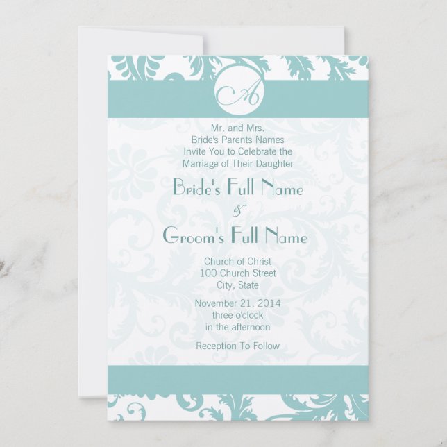 Invitación a la boda Aqua Blue Damask Swirls (Anverso)