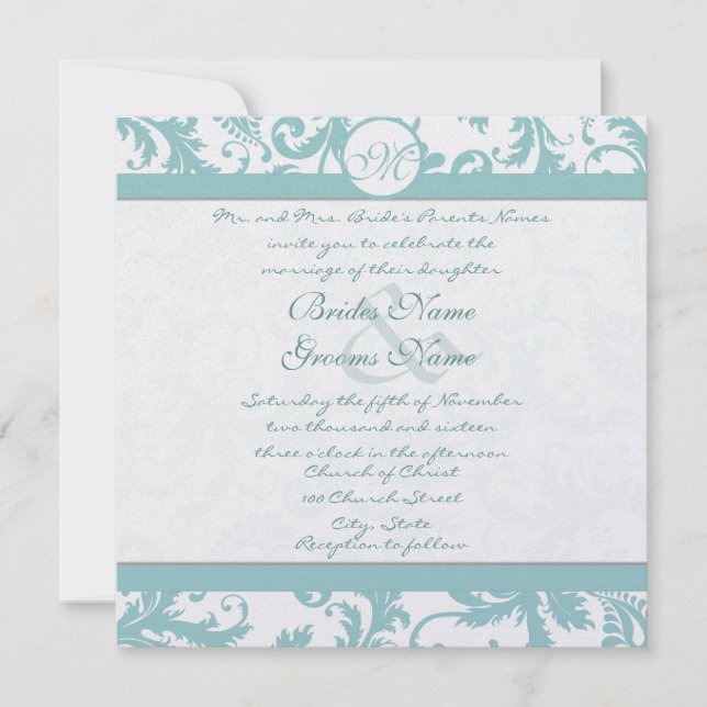 Invitación a la boda Aqua Blue Damask Swirls (Anverso)