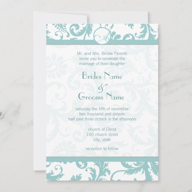 Invitación a la boda Aqua Blue Damask Swirls (Anverso)