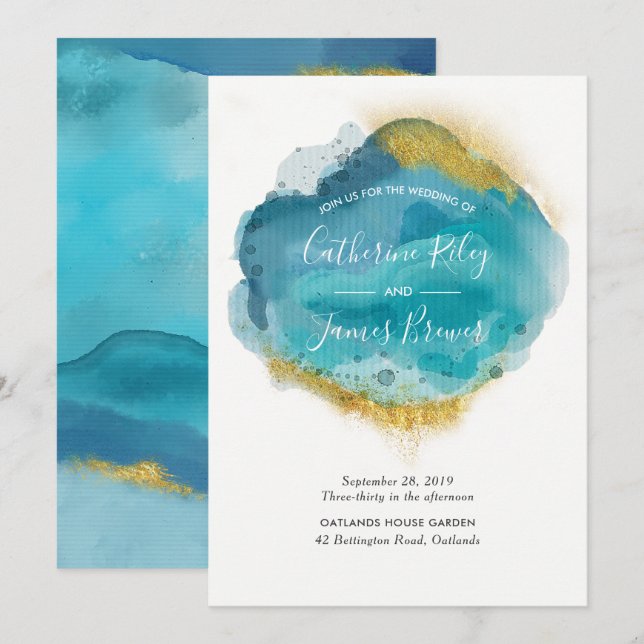 Invitación a la boda Aqua Blue & Gold Beach (Anverso / Reverso)