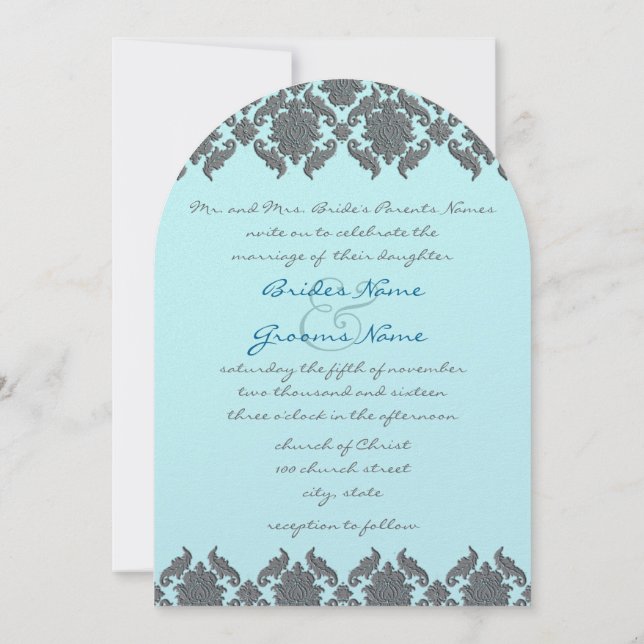 Invitación a la boda Aqua Blue Gray Bevel Damask (Reverso)