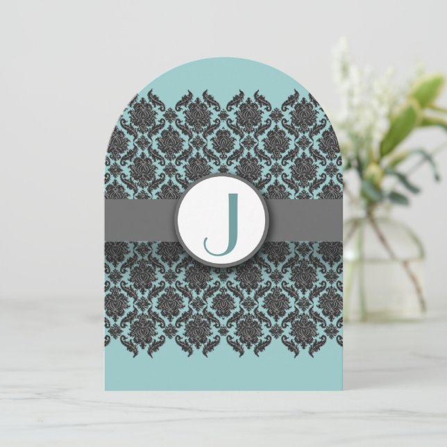 Invitación a la boda Aqua Blue Gray Bevel Damask (Anverso de pie)