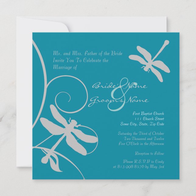 Invitación a la boda Aqua Blue y Silver Dragonfly (Anverso)
