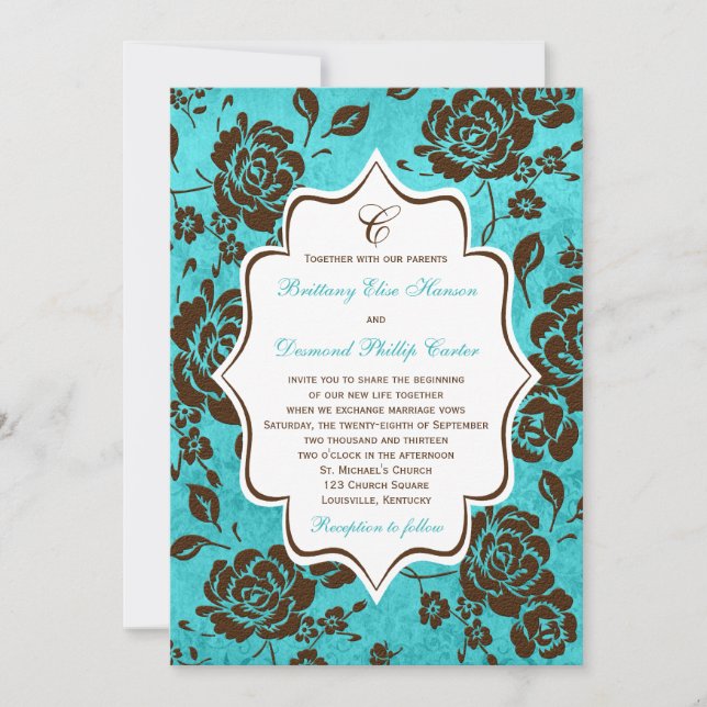 Invitación a la boda Aqua Brown White Floral Damas (Anverso)