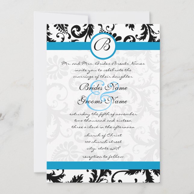 Invitación a la boda Aqua Damask Swirls brillante  (Anverso)