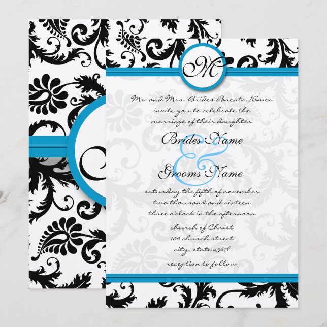 Invitación a la boda Aqua Damask Swirls brillante  (Anverso / Reverso)