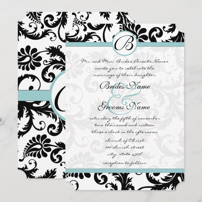 Invitación a la boda Aqua Damask Swirls brillante  (Anverso / Reverso)