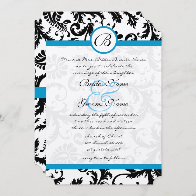 Invitación a la boda Aqua Damask Swirls brillante  (Anverso / Reverso)
