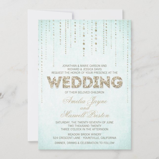 Invitación a la boda Aqua & Gold Purpurina Look (Anverso)