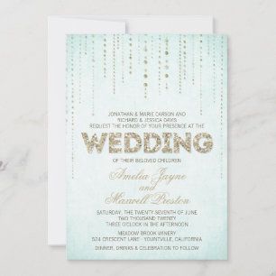 Invitación a la boda Aqua & Gold Purpurina Look