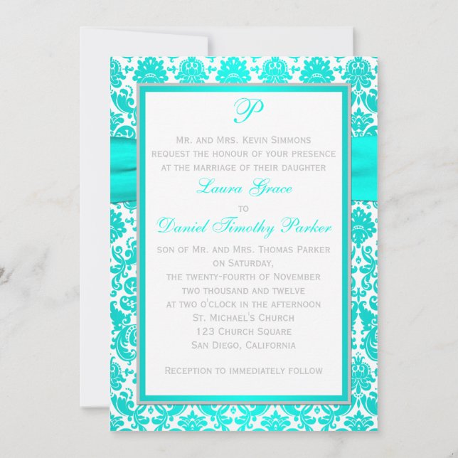 Invitación a la boda Aqua, Grey y White Damask (Reverso)
