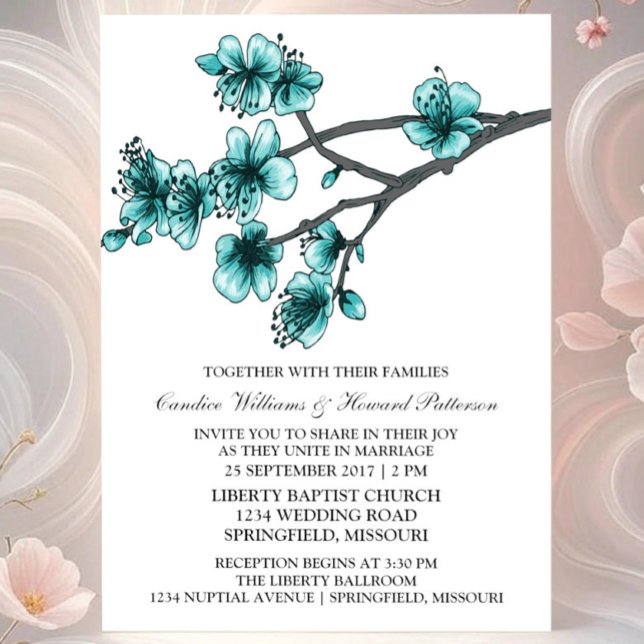 Invitación a la boda Aqua Simple Cherry Blossoms (Aqua Simple Cherry Blossom Wedding Invite)