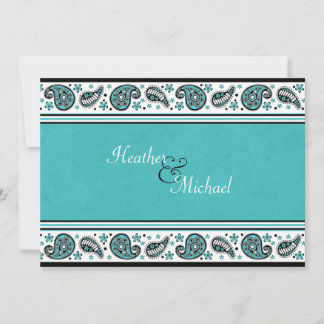 Invitación a la boda Aqua, White y Black Paisley