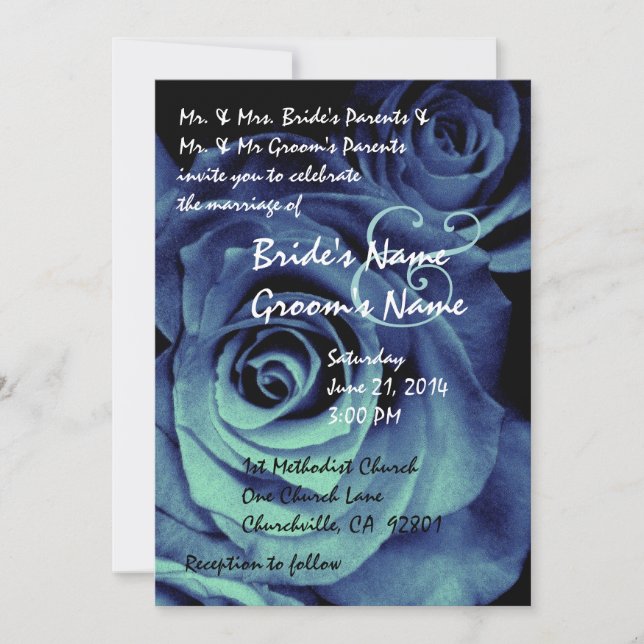 Invitación a la boda Aqua y Royal Blue Rosas (Anverso)