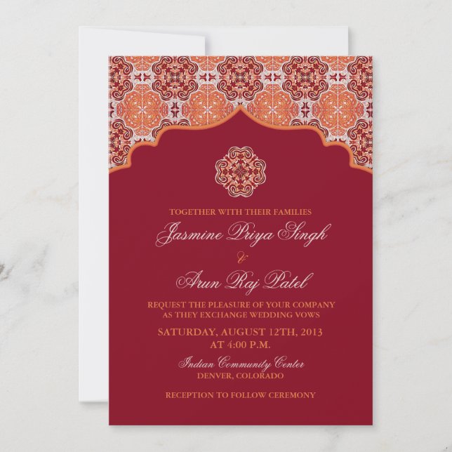 Invitación a la boda árabe-india del Naranja rojo (Anverso)