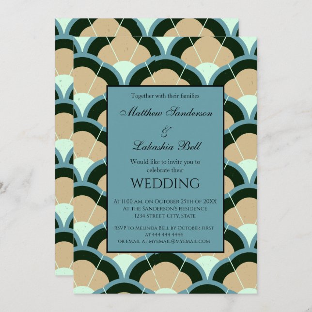 Invitación a la boda Art Deco Azul Gris Marrón cla (Anverso / Reverso)