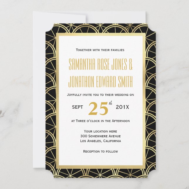 Invitación a la boda Art Deco Blanco negro y oro (Anverso)