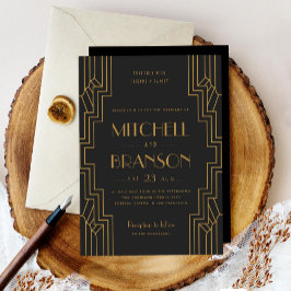 Invitación a la boda Art Deco Boda Gay Negro Oro