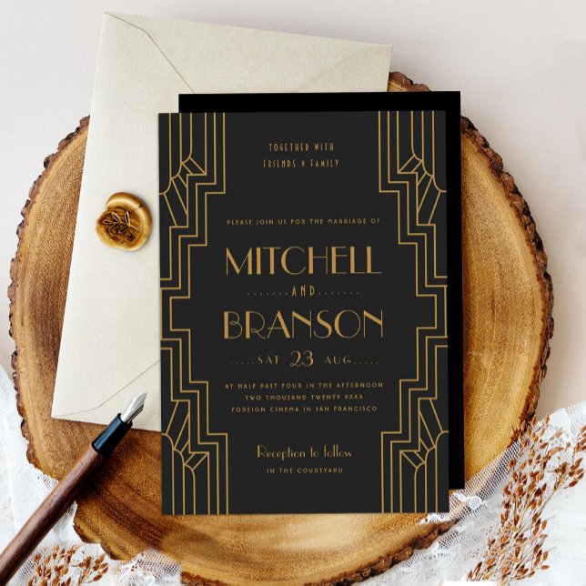 Invitación a la boda Art Deco Boda Gay Negro Oro (Subido por el creador)