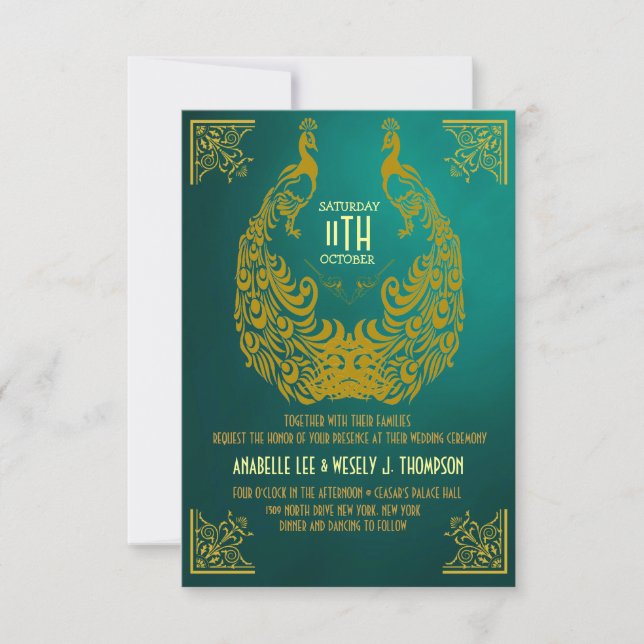 Invitación a la boda Art Déco del Peacock de los a (Anverso)