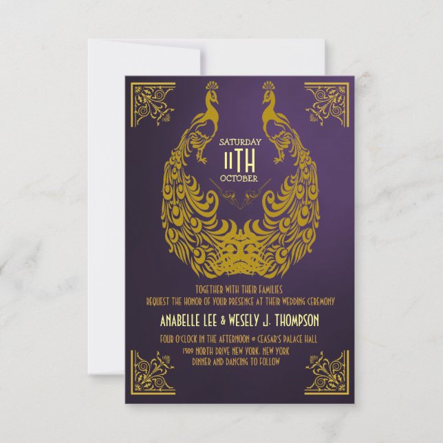 Invitación a la boda Art Déco del Peacock de los a (Anverso)