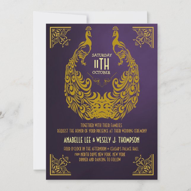 Invitación a la boda Art Déco del Peacock de los a (Anverso)