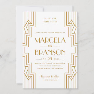 Invitación a la boda Art Deco en oro y blanco