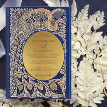 Invitación a la boda Art Nouveau de Blue Gold Peac