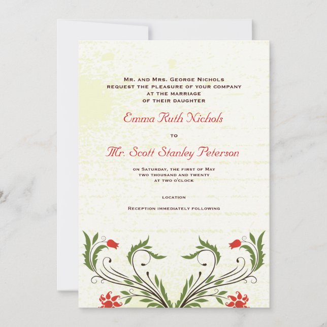 Invitación a la boda Art Nouveau de Flores Rojas (Anverso)