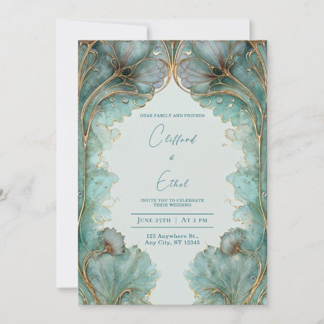 Invitación a la boda Art Nouveau de oro y Aqua Vin (Anverso)