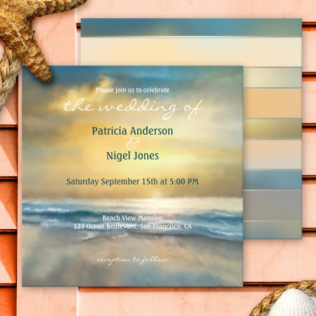 Invitación a la boda artística en la costa pintada (Artistic wedding invitation featuring an original fine art painting of a sunset at the beach)