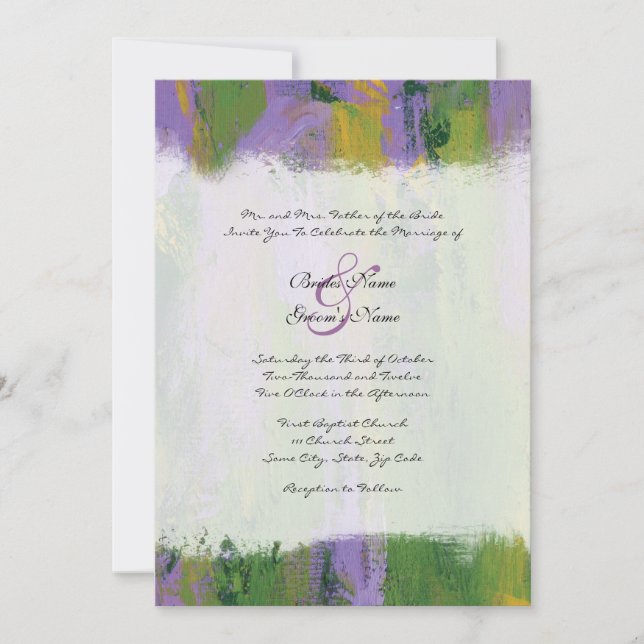 Invitación a la boda artística púrpura y verde (Anverso)
