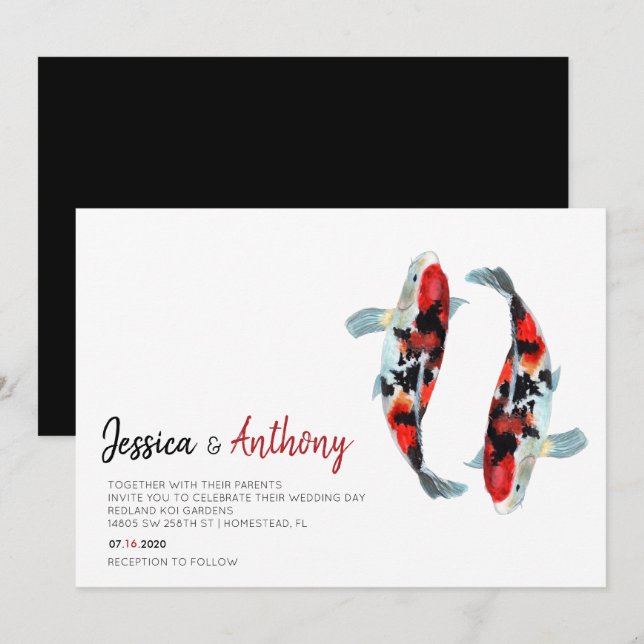 Invitación a la boda asiática de peces de Koi (Anverso / Reverso)
