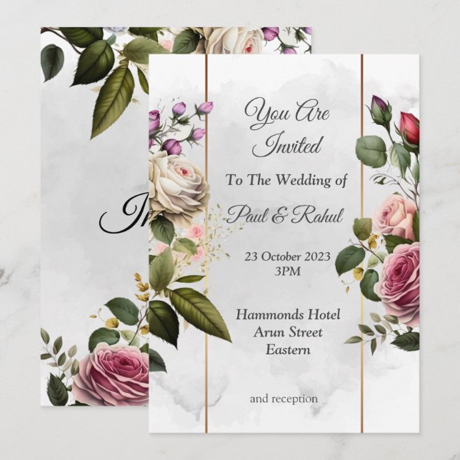 Invitación a la boda asombrosa, floral rosa/blanca (Anverso / Reverso)