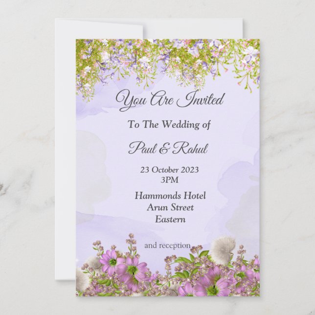 Invitación a la boda asombrosa, flores moradas ado (Anverso)