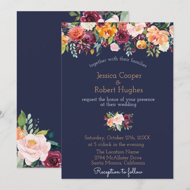 Invitación a la boda azul acuarela de la Marina Fl (Anverso / Reverso)