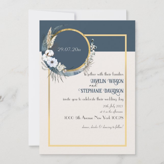 Invitación a la boda azul Boho Floral (Anverso)