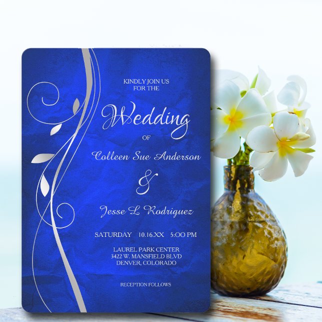 Invitación a la boda azul brillante con Swirl Leaf (Subido por el creador)