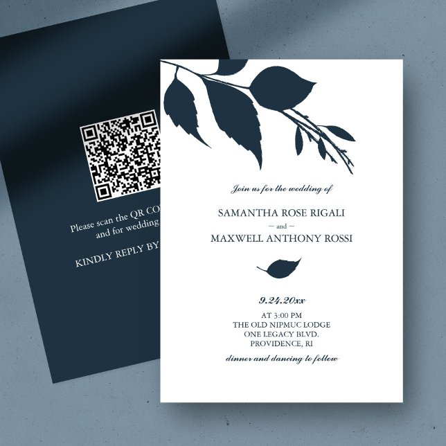 Invitación a la boda azul con código QR (QR code wedding invitation botanical navy blue leaves minimalistic)