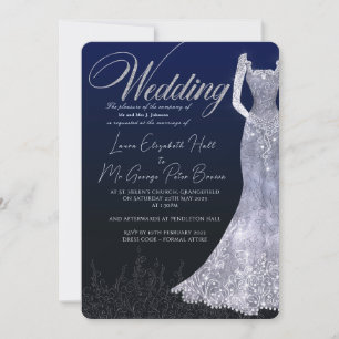 Invitación a la boda azul con vestido de novia