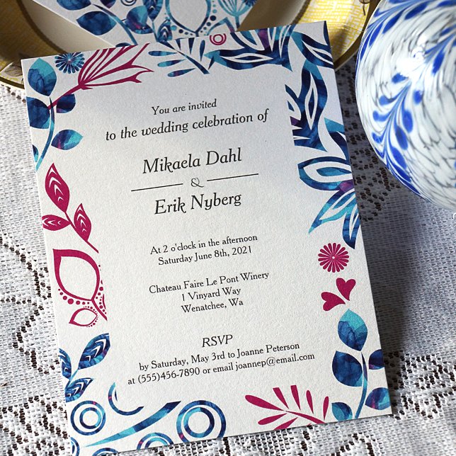 Invitación a la boda azul cristalino y rosa profun (Magenta & Blue Leaves & Flowers Decorative Border Wedding Invitation)