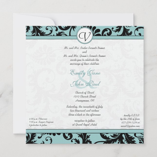 Invitación a la boda azul de Aqua Black Damask (Anverso)