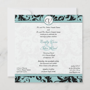 Invitación a la boda azul de Aqua Black Damask