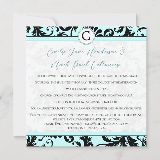 Invitación a la boda azul de Aqua Black Damask (Anverso)