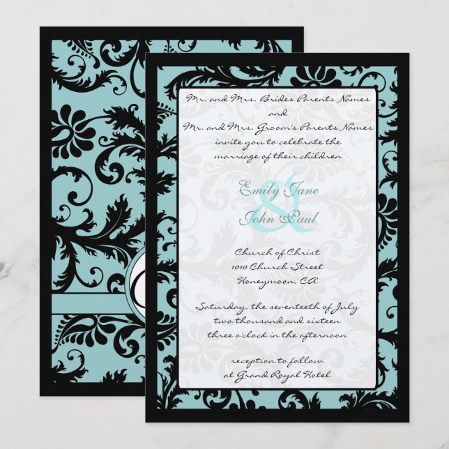 Invitación a la boda azul de Aqua Black Damask (Anverso / Reverso)