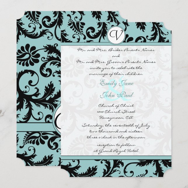 Invitación a la boda azul de Aqua Black Damask (Anverso / Reverso)