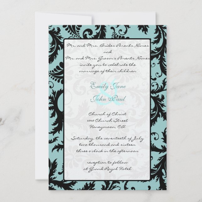 Invitación a la boda azul de Aqua Black Damask (Anverso)