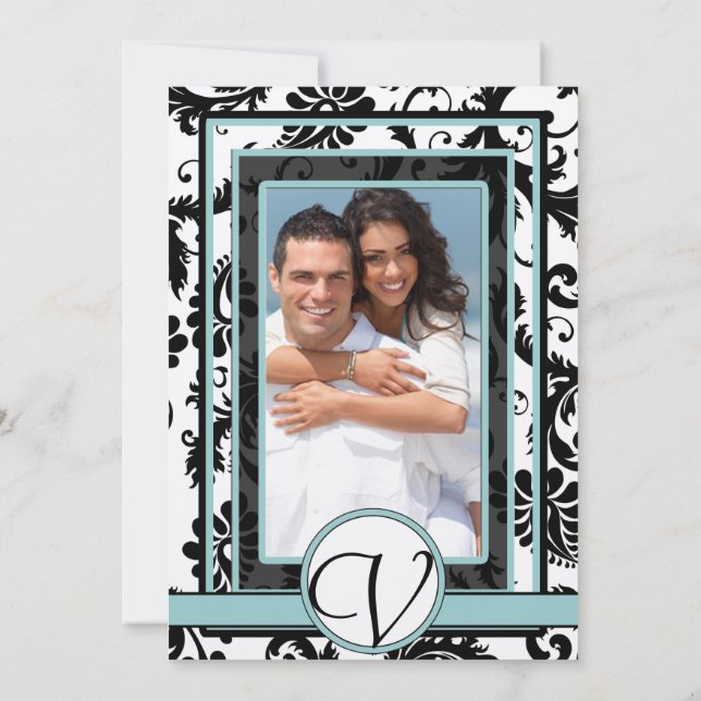 Invitación a la boda azul de Aqua Black Damask (Reverso)